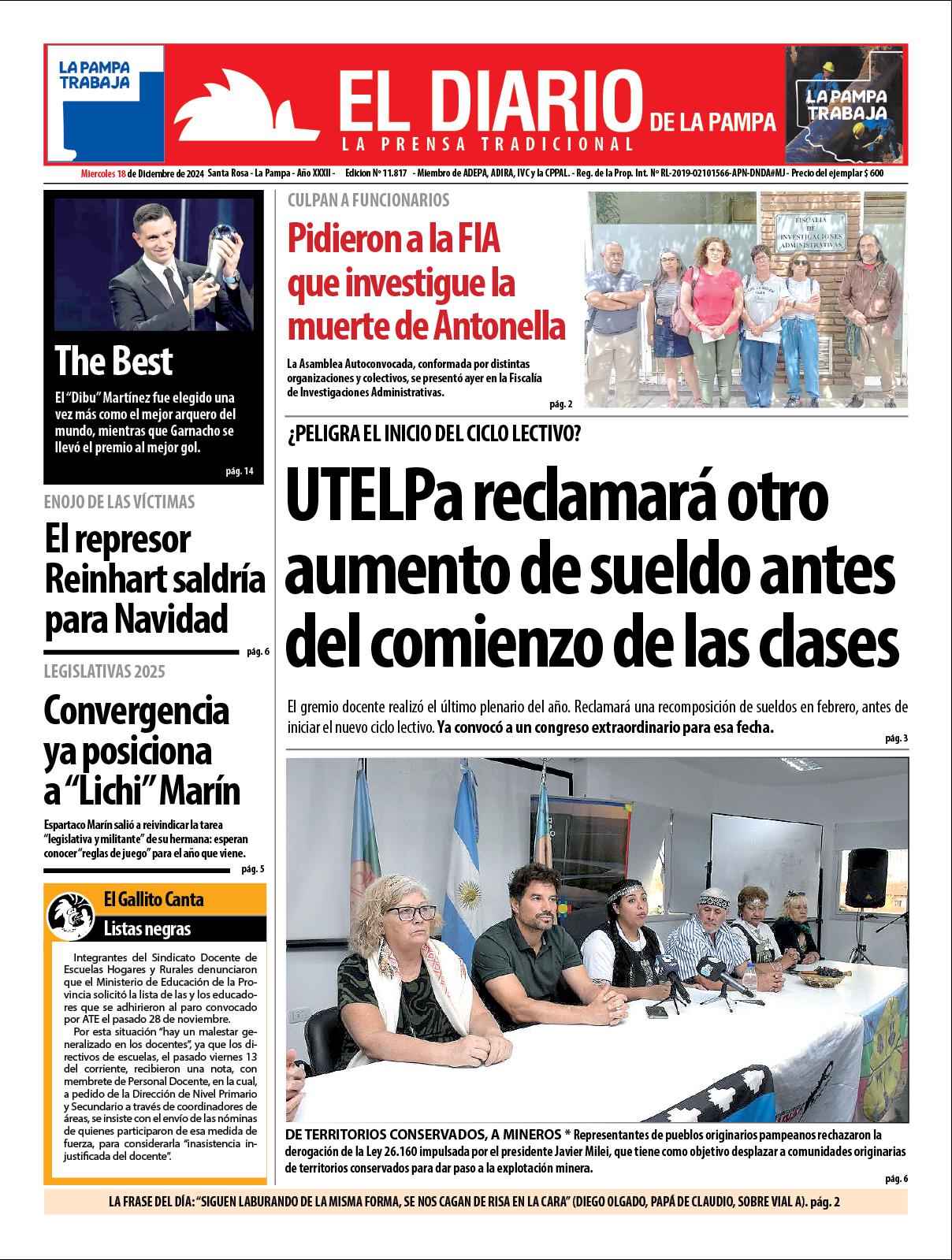 Tapa de El Diario en papel  mieacutercoles 18 de diciembre de 2024